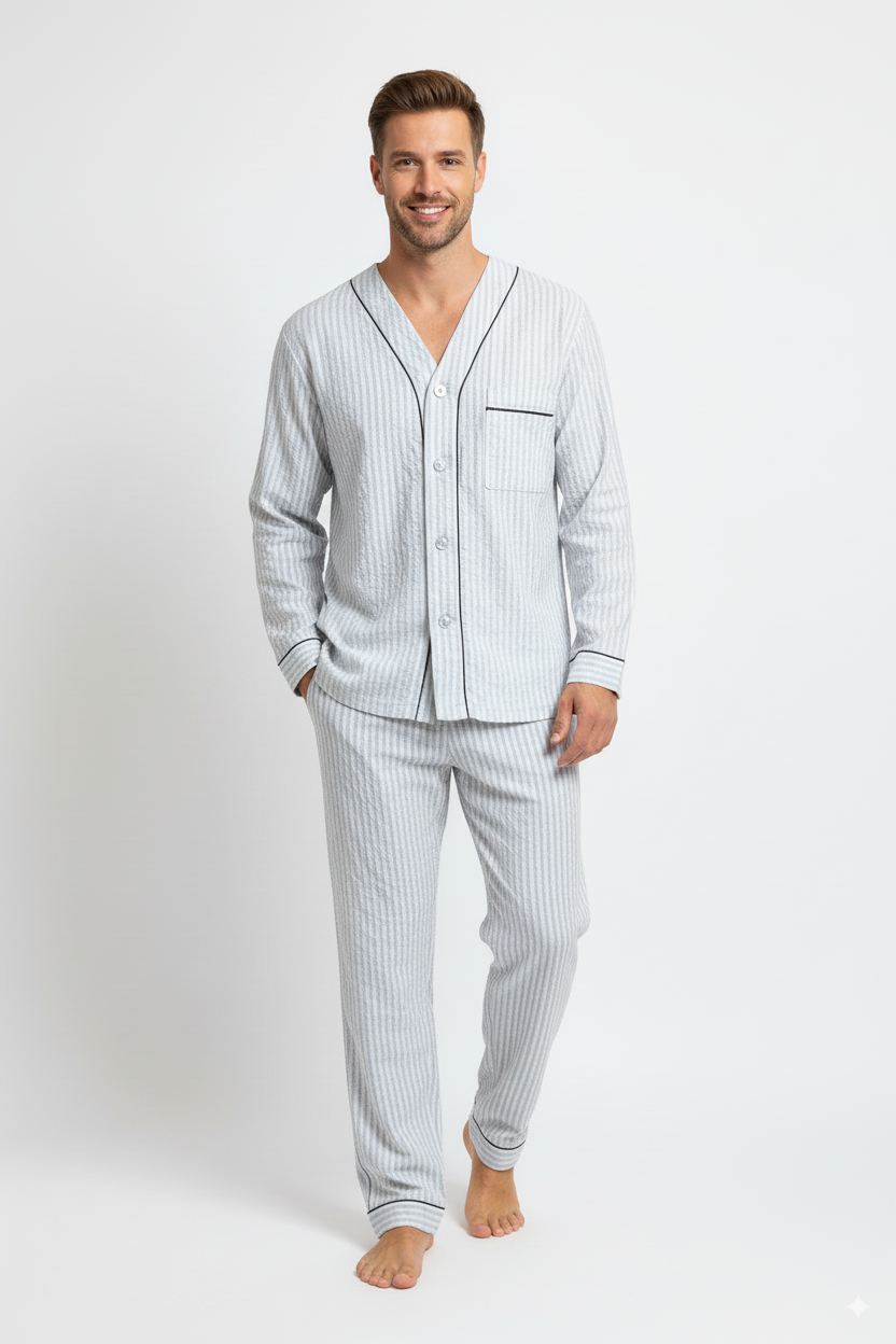 Oppland Erkek Pijama Takımı %100 İpek Kumaş Klasik Model Cepli Rahat Tam Kalıp